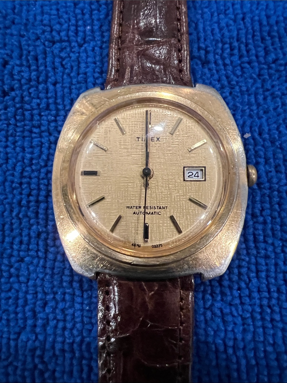 Timex Gold-Tone Watch with Brown Leather Strap and Date Window